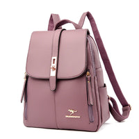 Lavender faux leather backpack with a flap closure, gold hardware, and side zippers, featuring a kangaroo logo. Stylish and functional.