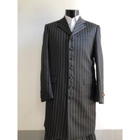 Mannequin wearing a black, pinstriped long coat with a white shirt. The coat has a high collar, buttoned front, and a formal, elegant appearance.