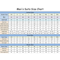 Men's suit size chart with Jacket, Vest, and Pants sizes. Includes measurements for chest, waist, shoulder width, and more in centimeters.