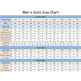 Men's suit size chart with Jacket, Vest, and Pants sizes. Includes measurements for chest, waist, shoulder width, and more in centimeters.