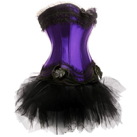 Purple satin corset with black lace trim and bows, paired with a black tulle tutu. The design is elegant and theatrical, evoking a vintage aesthetic.