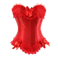 Red satin corset with lace trim and ribbon bows, featuring intricate details and a romantic, elegant design.