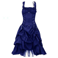 Royal blue Victorian-style dress with ruffled edges, corset lacing, and asymmetrical layered skirt. Elegant and vintage-inspired design.