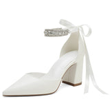 Funki Buys | Shoes | Women's Rhinestone Ribbon Block Heel Bridal Pumps