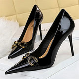 Funki Buys | Shoes | Women's Elegant Patent Leather Buckle Chain Pumps