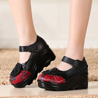 Funki Buys | Shoes | Women's Genuine Leather Red Flowers Retro Wedges