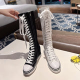 Funki Buys | Boots | Women's Mid-Calf Canvas Boots | Lace Up Zip Up