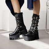 Funki Buys | Boots | Women's Chunky Mid-Calf Buckle Boot | Gothic Punk