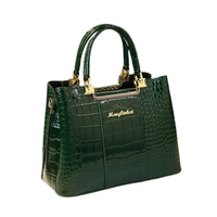 Shiny dark green crocodile-patterned handbag with gold accents and handles, featuring the brand name "Menglinkat" elegantly displayed.