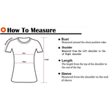 Illustration showing a T-shirt with measurement guidelines for bust, shoulder, length, and sleeve. Helpful guide for sizing.