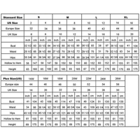 Size chart comparing standard and plus US, European, and UK sizes. Includes bust, waist, hips, hollow to hem, and height measurements.