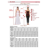 Size chart and body measurement guide for dresses. Includes illustrated instructions for measuring bust, waist, hips, and height. Tables provide U.S., European, and UK dress sizes for standard and plus sizes. Tone is informative and instructional."