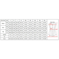 Size chart for corsets featuring columns for sizes S to 6XL. Includes waist, bust, and hip measurements in inches and centimeters. Simple corset diagram shows measurement areas.