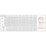 Size chart for corsets featuring columns for sizes S to 6XL. Includes waist, bust, and hip measurements in inches and centimeters. Simple corset diagram shows measurement areas.