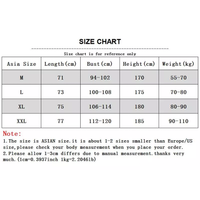 Size chart displaying Asian sizes M, L, XL, and XXL with measurements for length, bust, height, and weight guidelines.