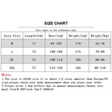 Size chart displaying Asian sizes M, L, XL, and XXL with measurements for length, bust, height, and weight guidelines.
