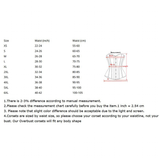 Sizing chart for corsets with waist measurements in inches and centimeters from XS to 6XL. Includes a corset diagram and sizing notes below.