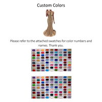 A glittering evening gown is displayed above a message directing viewers to color swatches for custom color options. Two grids of swatches show various hues with numbered labels, offering a variety of vibrant colors for customization.