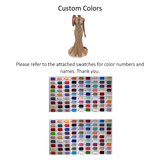 A glittering evening gown is displayed above a message directing viewers to color swatches for custom color options. Two grids of swatches show various hues with numbered labels, offering a variety of vibrant colors for customization.