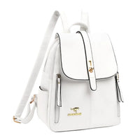 Stylish white leather backpack with gold accents, featuring a flap closure and multiple zip pockets for organization.