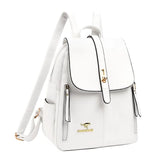 Stylish white leather backpack with gold accents, featuring a flap closure and multiple zip pockets for organization.