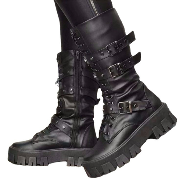 Funki Buys | Boots | Women's Mid-Calf Lace-Up Motorcycle Boot