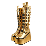 Funki Buys | Boots | Women's Gold Black Buckle Strap Boots