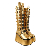 Funki Buys | Boots | Women's Gold Black Buckle Strap Boots