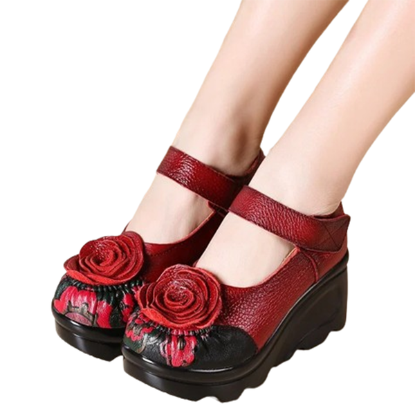 Funki Buys | Shoes | Women's Genuine Leather Red Flowers Retro Wedges