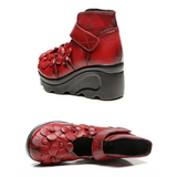 Funki Buys | Shoes | Women's Genuine Leather Red Flowers Retro Wedges