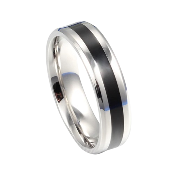 Steel ring in silver colour with black stripe, diagonal grooves | Jewellery  Eshop EU