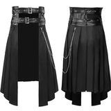 Black skirt with leather belt and chain details on a white background