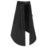 Black asymmetrical skirt with button details on a white background