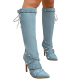 Funki Buys | Boots | Women's Denim Cross Strap Buckle Boots