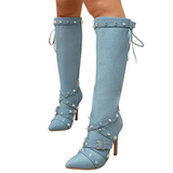 Funki Buys | Boots | Women's Denim Cross Strap Buckle Boots