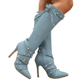 Funki Buys | Boots | Women's Denim Cross Strap Buckle Boots
