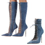 Women's Stylish Lace Up Stiletto Boots - Blue - Denim Long Boots - 45 B - PU Leather - image 8