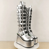 Funki Buys | Boots | Women's Silver Black Buckle Strap Boots