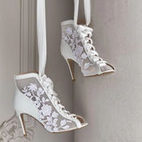 Funki Buys | Shoes | Women's White Lace Satin Bridal Heels | Peep Toe