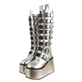 Funki Buys | Boots | Women's Silver Black Buckle Strap Boots