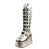 Funki Buys | Boots | Women's Silver Black Buckle Strap Boots