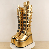 Funki Buys | Boots | Women's Gold Black Buckle Strap Boots
