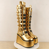Funki Buys | Boots | Women's Gold Black Buckle Strap Boots
