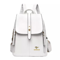 White leather backpack with a flap closure, gold accents, and double shoulder straps, featuring side zip pockets.