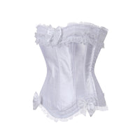 White satin corset with lace trim and ribbon bows, featuring a delicate and elegant design, evoking a vintage romantic feel., featuring a delicate and elegant design, evoking a vintage romantic feel.