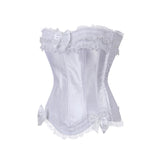 White satin corset with lace trim and ribbon bows, featuring a delicate and elegant design, evoking a vintage romantic feel., featuring a delicate and elegant design, evoking a vintage romantic feel.