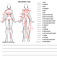 Illustration of front and back views of a human figure with numbered red lines indicating measurement points for clothing, such as neck, bust, waist, and inseam.