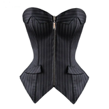 Black pinstripe corset with a zipper on a white background