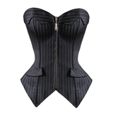 Black pinstripe corset with a zipper on a white background
