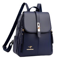 Stylish navy blue backpack with a flap closure, gold accents, and multiple zippered pockets for convenience and organization.